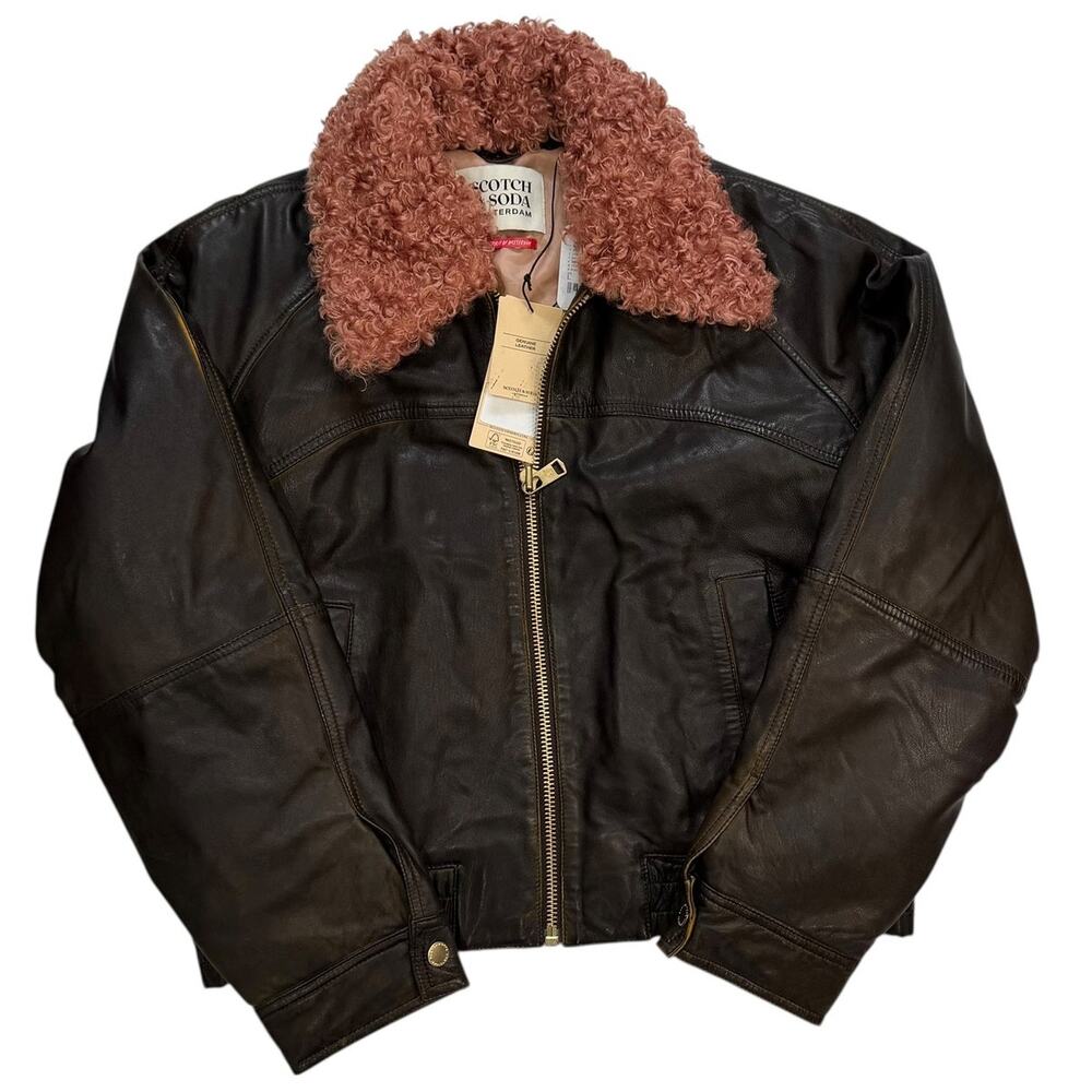 Leather Bomber Jacket Sherpa Collar Size L NWT Scotch & Soda Free People
